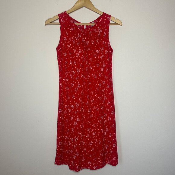 Jigsaw Dandelion Floral Pleated Neck Shift Dress Womens Size 4 Boho Prairie Red - Picture 2 of 8